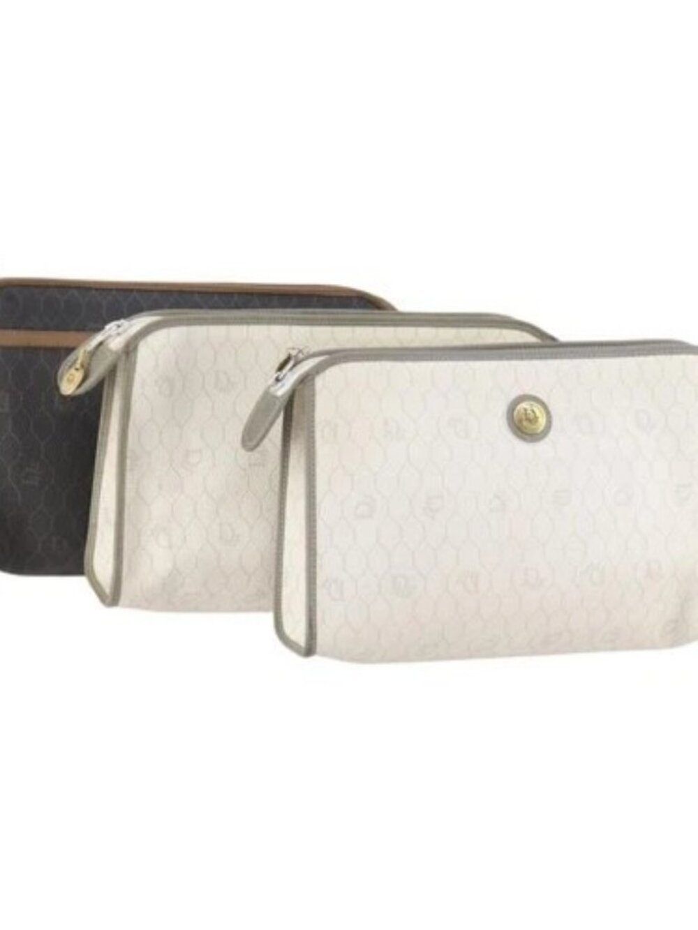Christian Dior Honeycomb Canvas Clutch Bag PVC 3 Set White Black Auth fm5350